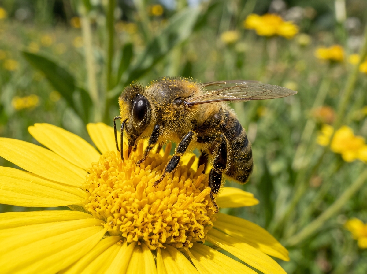 Honeybee with yellow pollen grains sticking to its body on yellow flower
