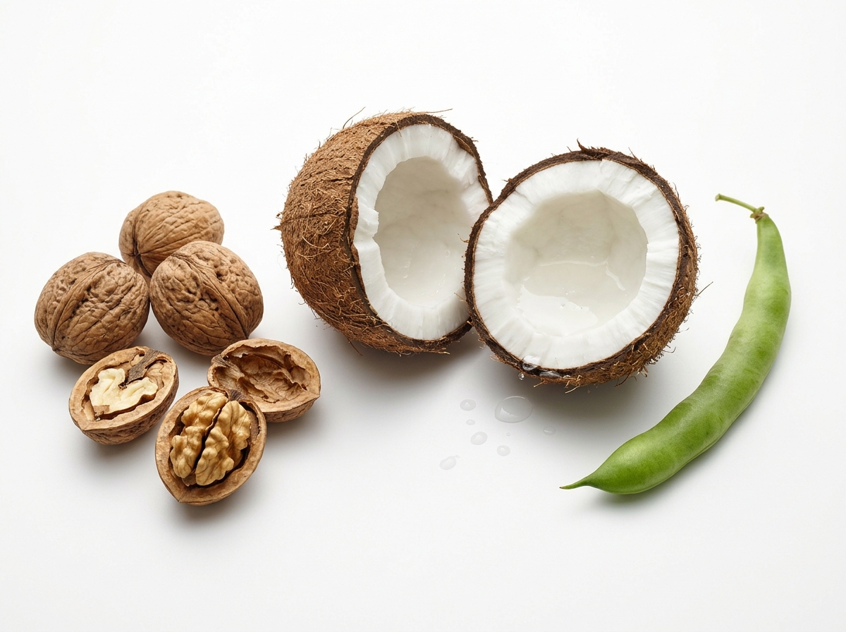 Dry and hard fruits: Walnuts in shell, cracked walnut, cracked coconut with water, and green bean pod