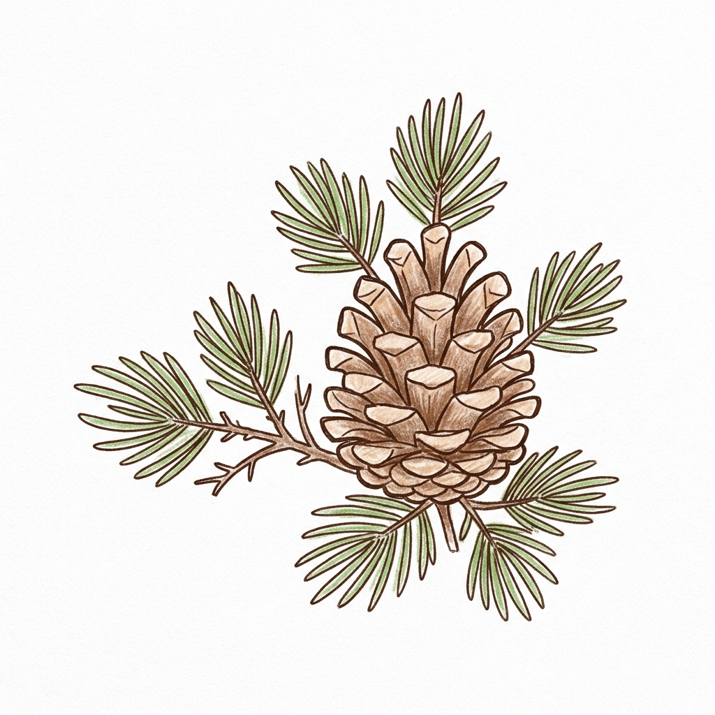 Student model drawing of a pine cone with needles