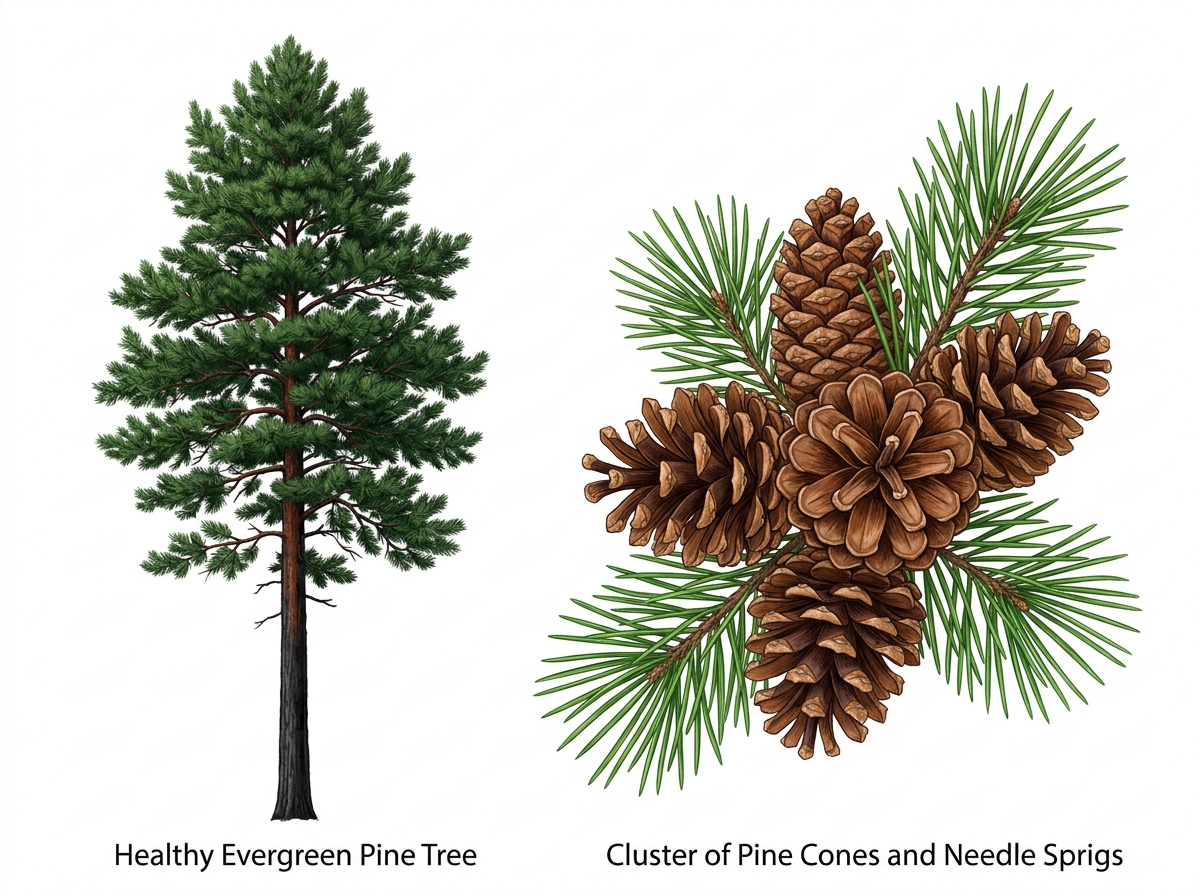 Healthy evergreen pine tree and cluster of pine cones with needles