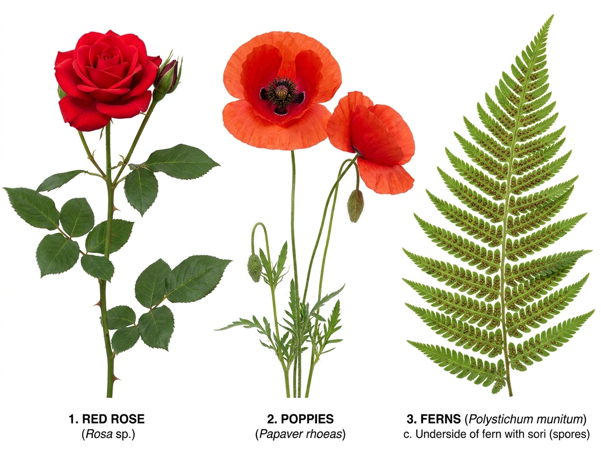 1. Red Rose, 2. Poppies, 3. Fern with spores on underside