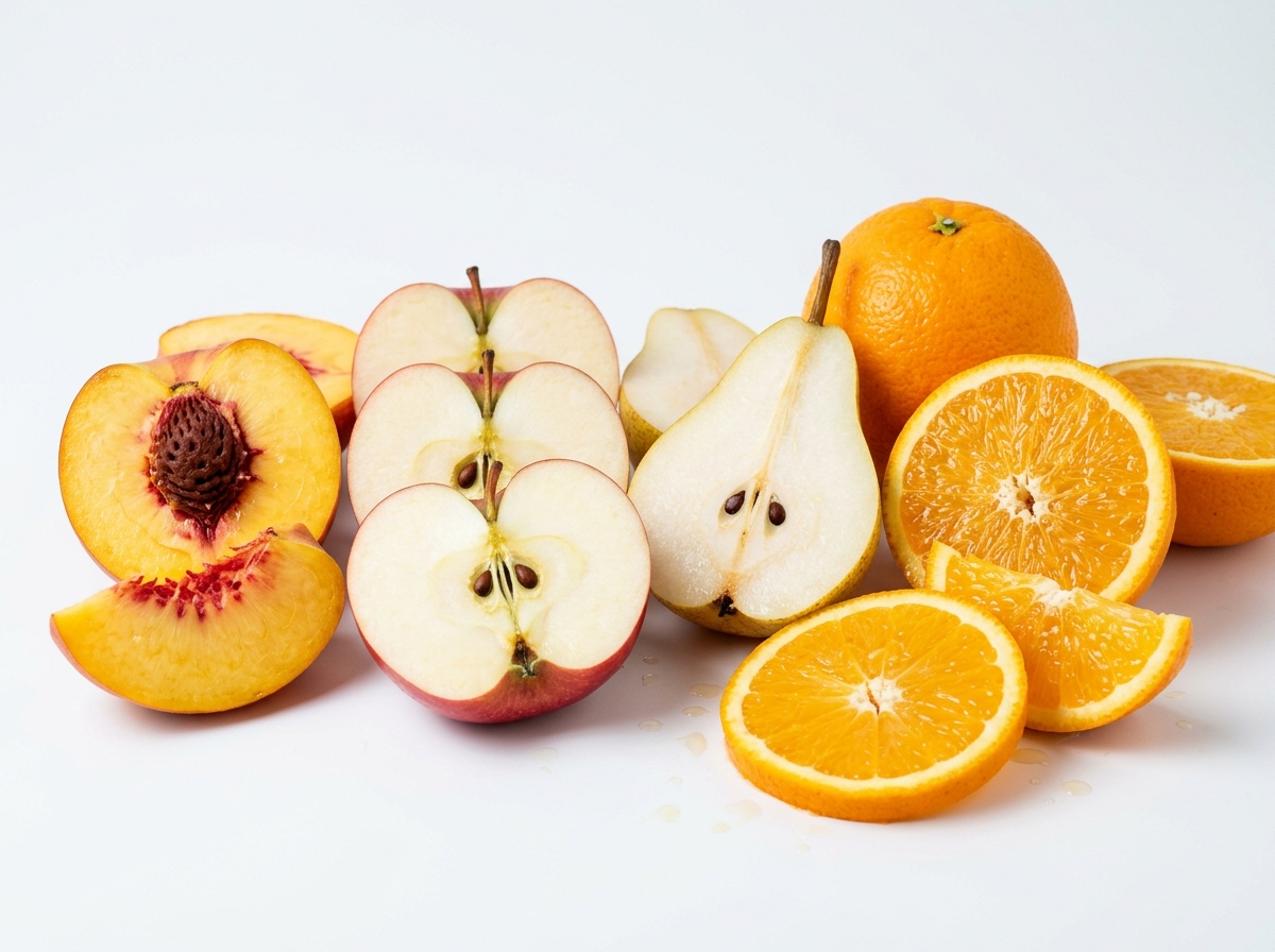 Soft and juicy fruits: sliced peach, sliced apple showing seeds, pear, and oranges