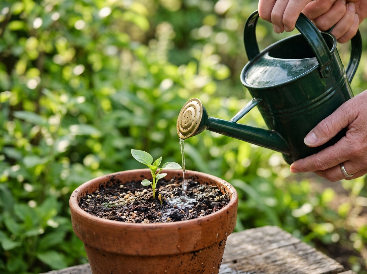 Watering a green seedling in fertile soil
